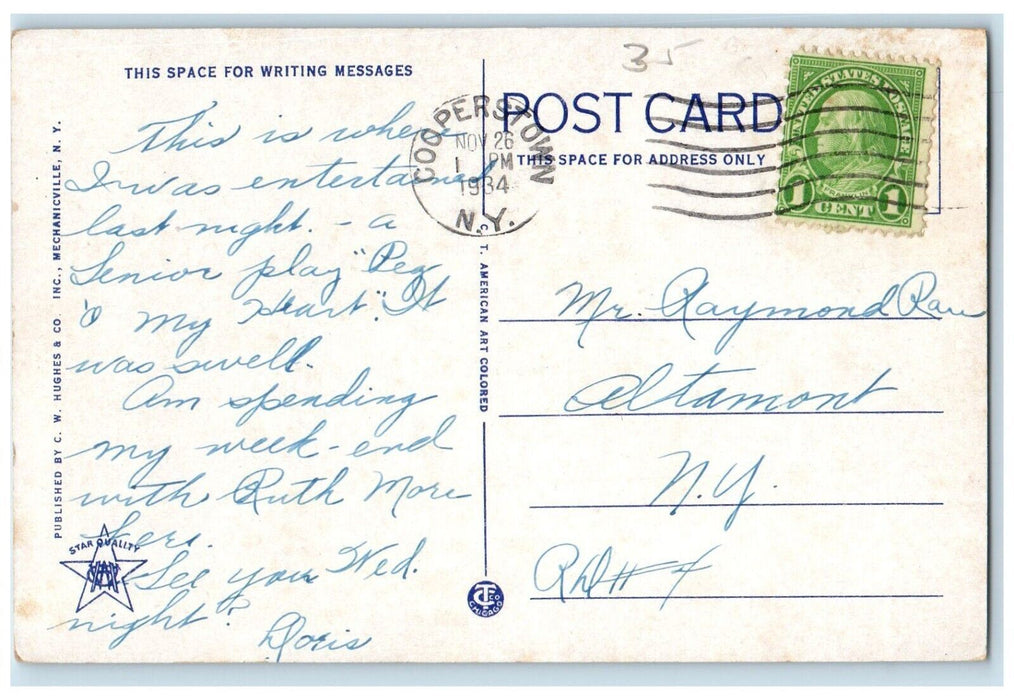 1934 High School Building Exterior Street Road  Cooperstown New York NY Postcard