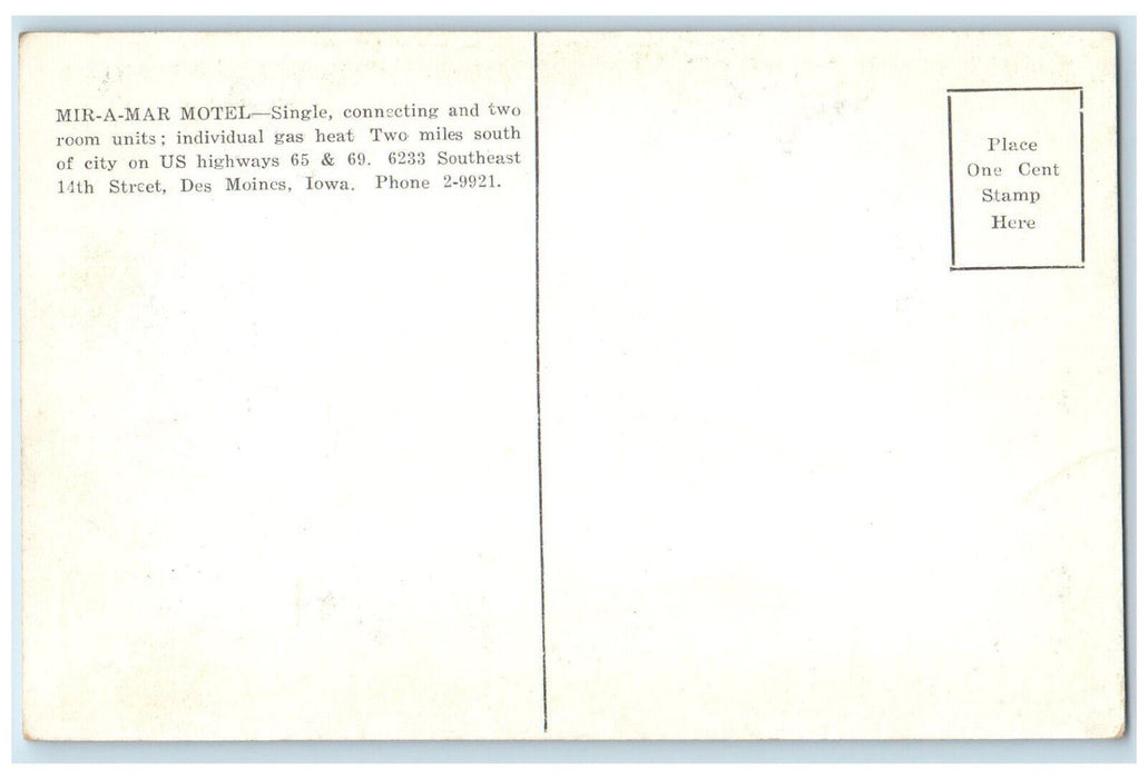 c1940's Rooms View Mir-a-Mar Des Moines Iowa IA Vintage Motel Hotel Postcard