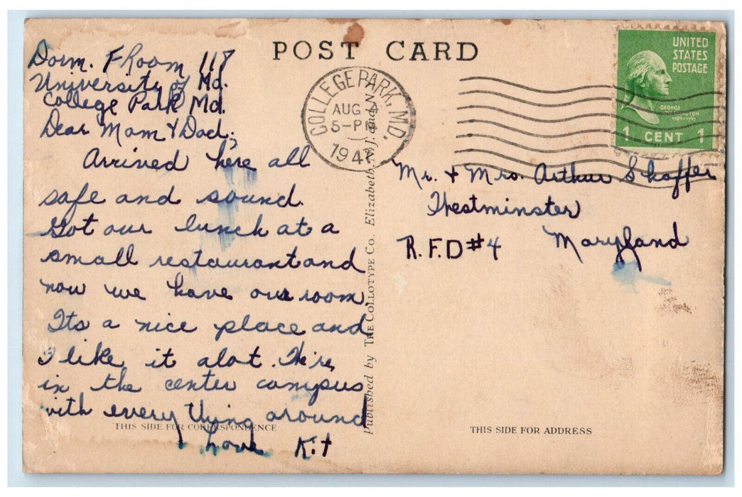 1947 South Gate University of Maryland College Park MD Vintage Postcard