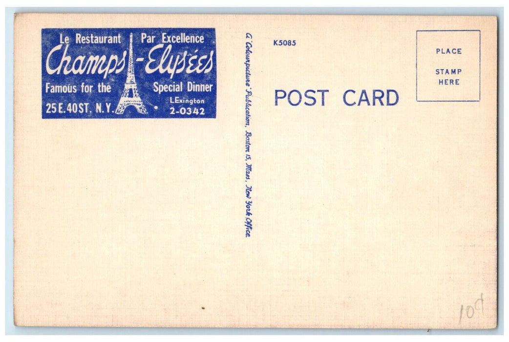 c1950's Dining Room Restaurant Champs Elysees New York City New York NY Postcard