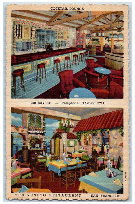 c1950's Dining Cocktail Lounge The Veneto Restaurant San Francisco CA Postcard