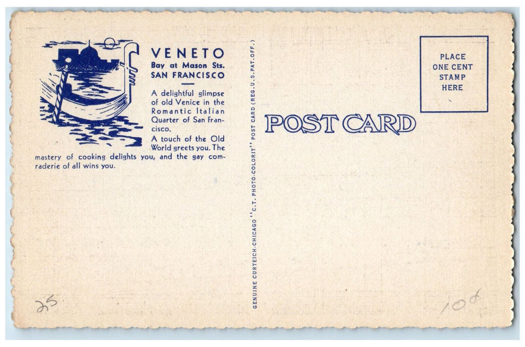 c1950's Dining Cocktail Lounge The Veneto Restaurant San Francisco CA Postcard