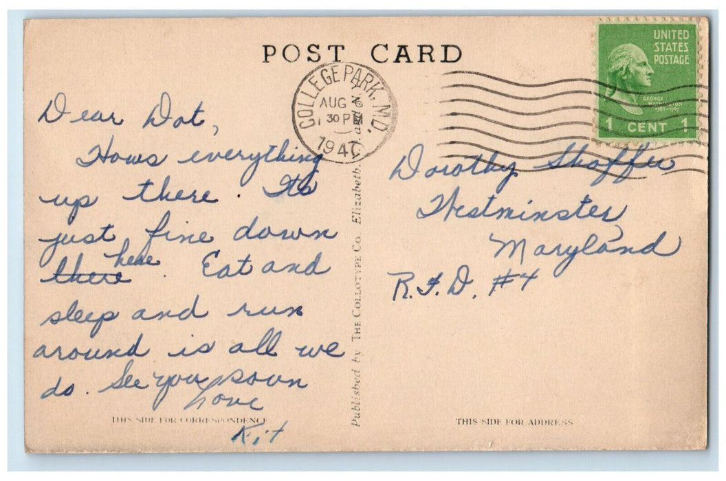 1947 Margaret Brent Hall College Park Maryland MD Vintage Posted Postcard