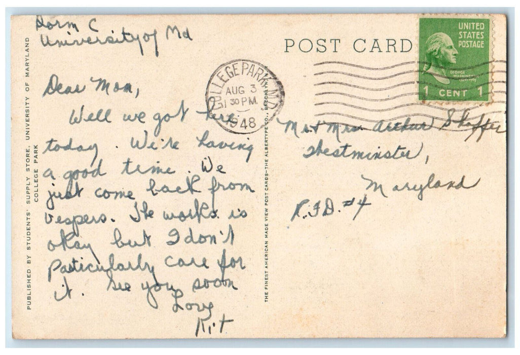 1948 Agriculture Chemistry Buildings University of MD College Park MD Postcard
