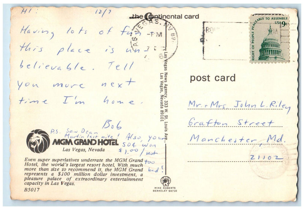 c1960's MGM Grand Hotel Las Vegas Nevada NV Vintage Posted Postcard