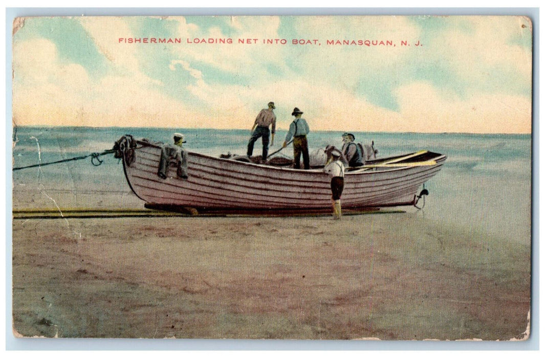 c1910 Fisherman Loading Net Into Boat Manasquan New Jersey NJ Antique Postcard
