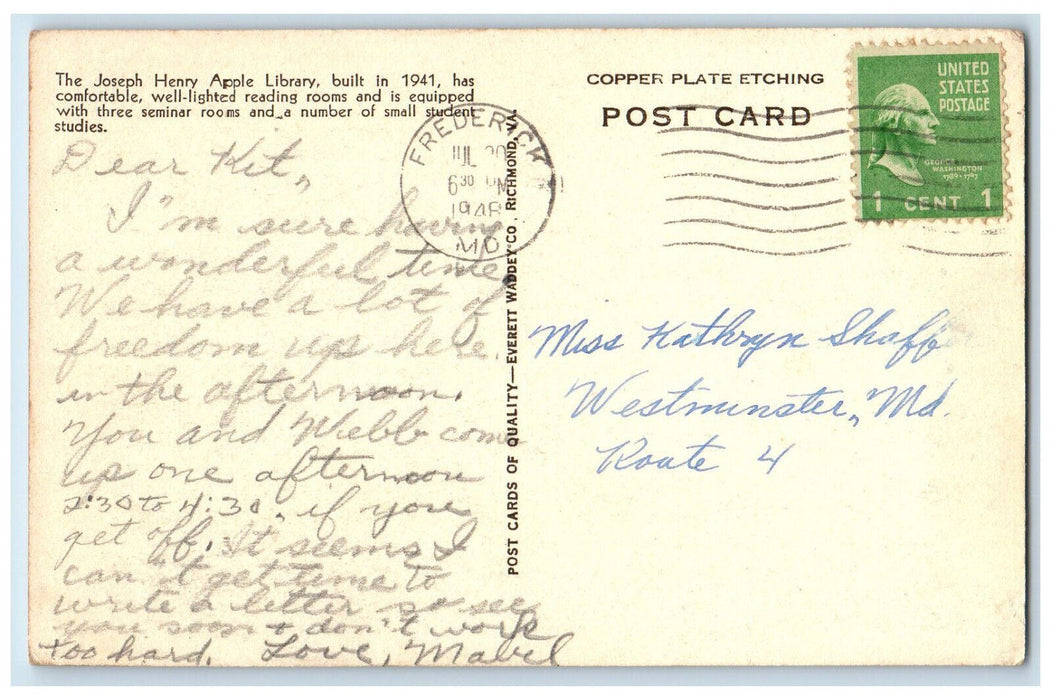 1948 Joseph Henry Apple Library Hood College Frederick Maryland MD Postcard