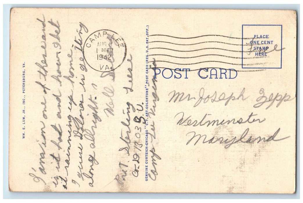 1942 Barracks Replacement Center Camp Lee Petersburg Virginia VA Postcard