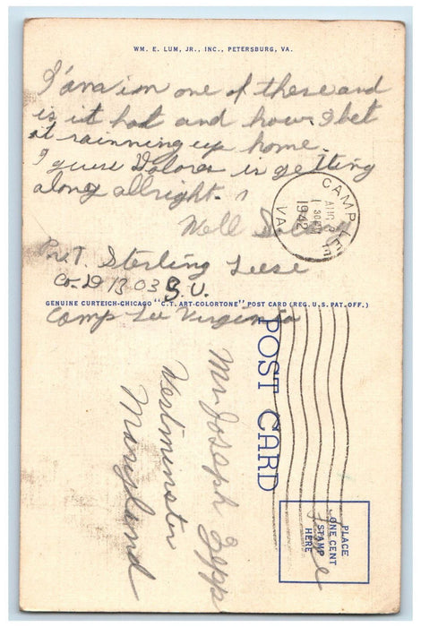 1942 Barracks Replacement Center Camp Lee Petersburg Virginia VA Postcard