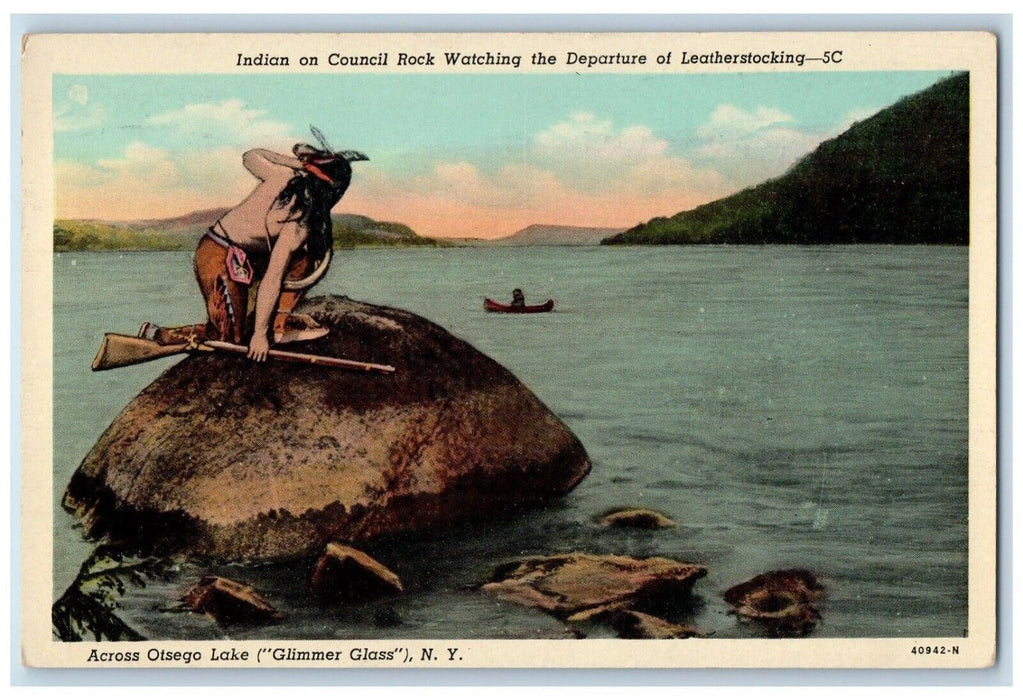 1952 Indian Council Rock Watching Departure Leatherstocking New York NY Postcard