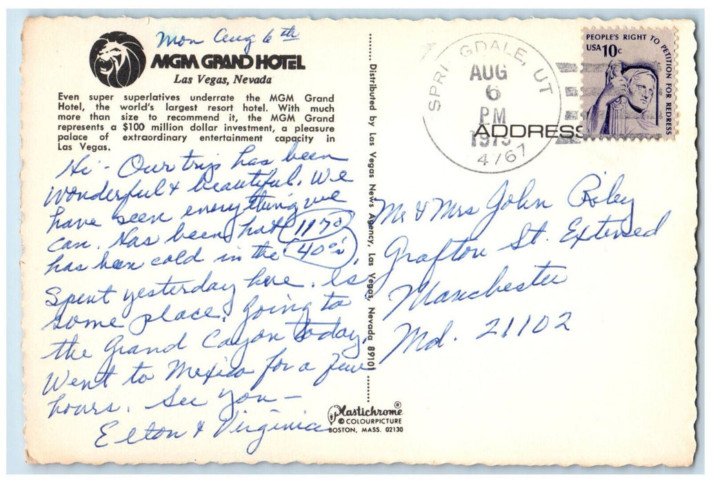 1975 MGM Grand Hotel Greetings from Las Vegas NV Springdale UT Postcard