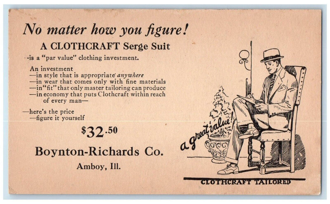 c1905 Boynton Richards CO Serge Suit Amboy Illinois Advertisement Postcard