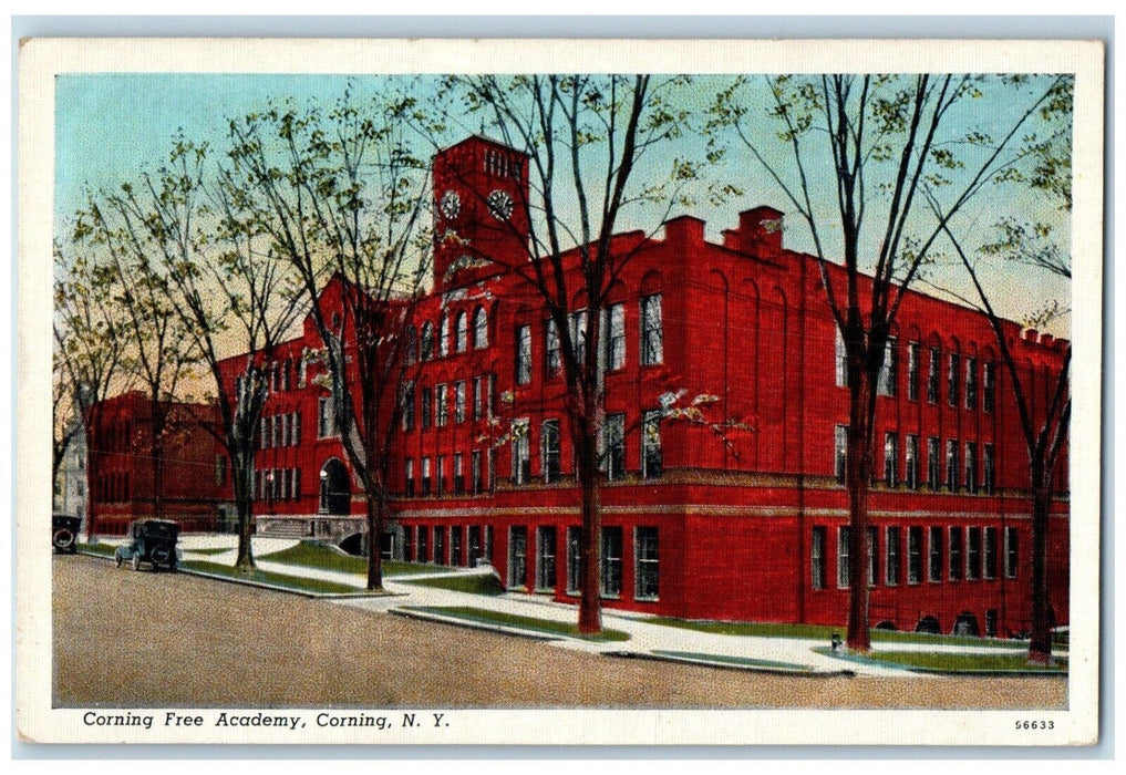 c1920 Corning Free Academy School Street Exterior Road Corning New York Postcard