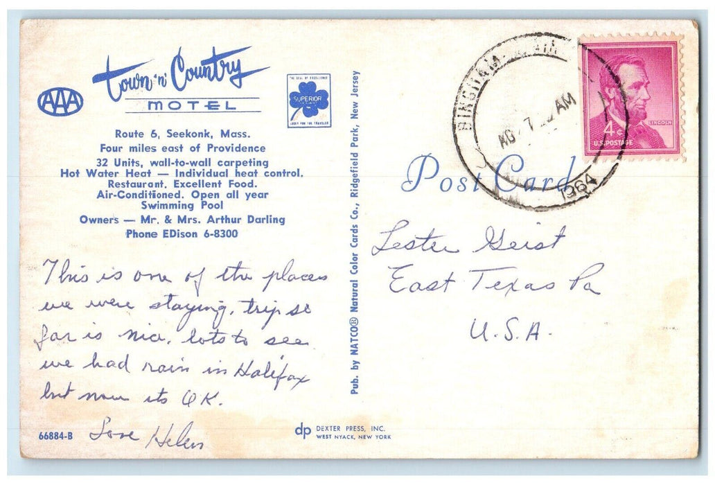 1964 Town N Country Motel Cars Seekonk Massachusetts MA Posted Vintage Postcard