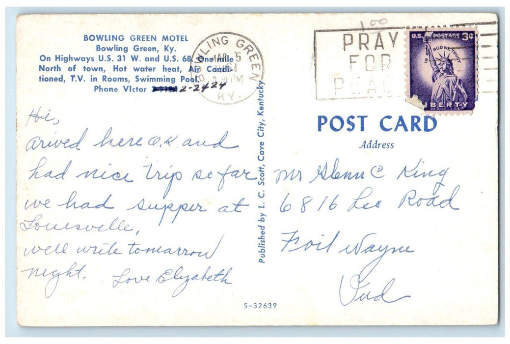 1961 Bowling Green Motel Highways Swimming Pool Exterior North Town KY Postcard