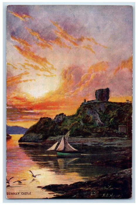 c1910 Birds, Sailboat, Dunolly Castle Scotland Oilette Tuck Art Postcard
