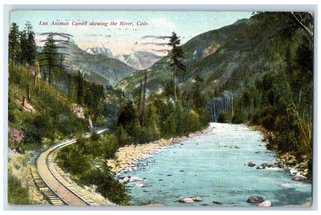 1914 Las Animas Canon Showing River View Railroad Cliffs Colorado CO Postcard