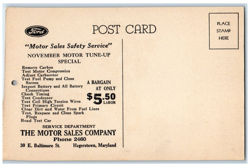 1937 Motor Sales Company Calendar Football Hangers Town MD Advertising Postcard