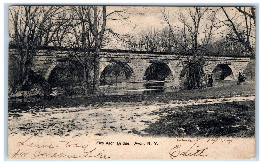 1907 Five Arch Bridge Lake Pond Horse Carriage Dirt Road Avon NY Postcard