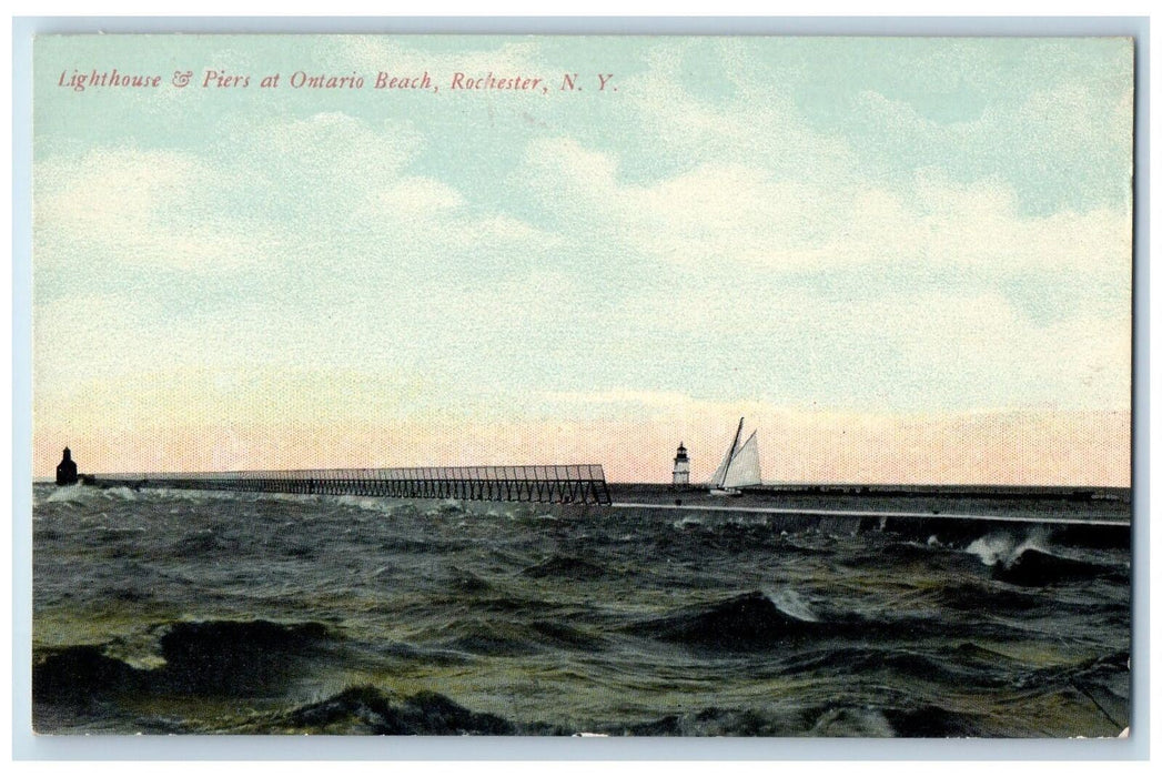 c1950's Lighthouse Piers Ontario Beach Sailboat Rochester New York NY Postcard