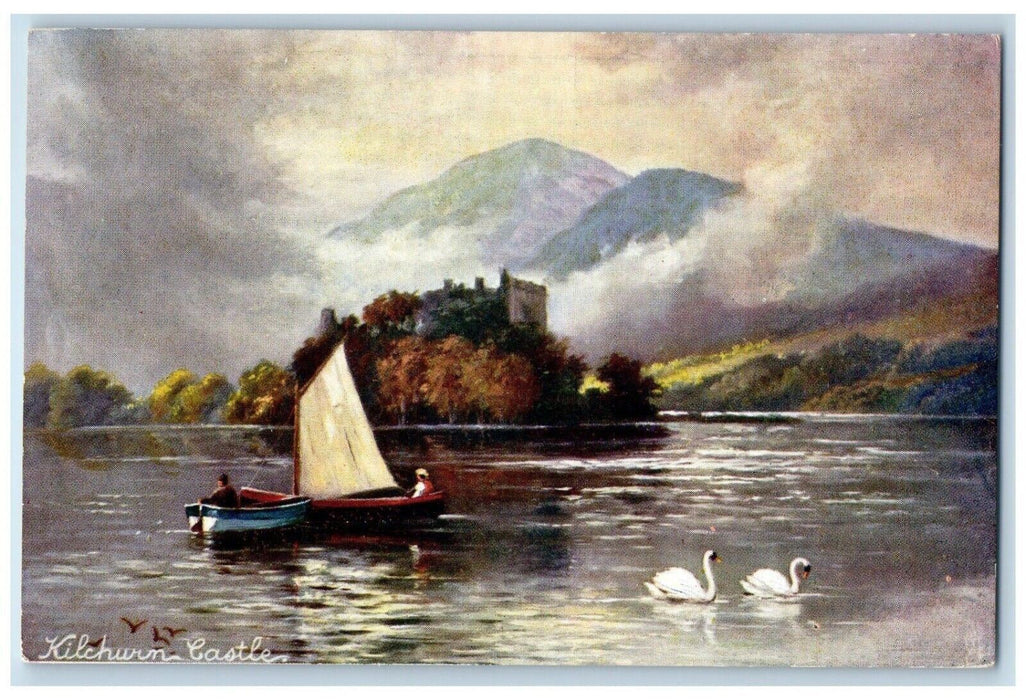 c1910 Kilchurn Castle Swan Sailboats Clouds Scotland Oilette Tuck Art Postcard