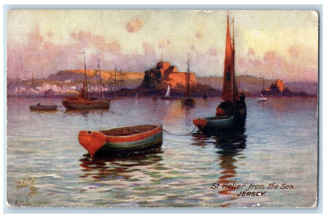 c1910 Boats Scene St. Helier from the Sea Jersey Oilette Tuck Art Postcard