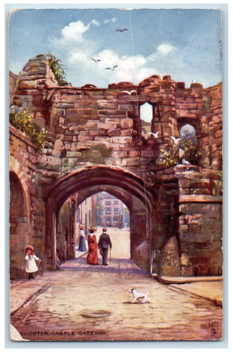 1907 Dog Crowd Old Leicester Castle Gateway Oilette Tuck Art Postcard