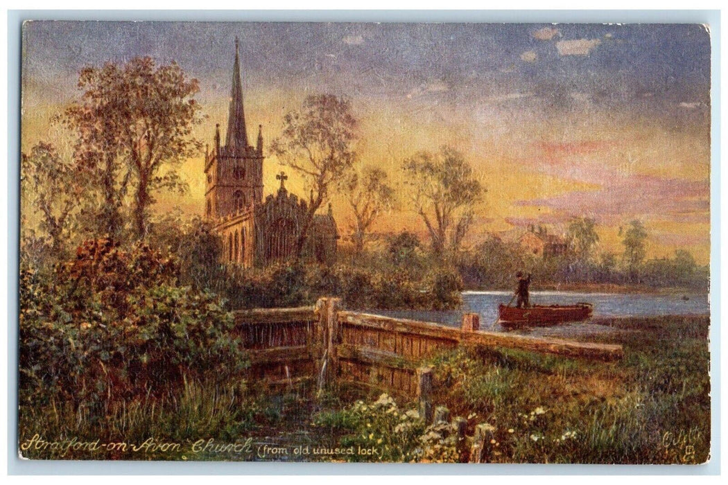 c1910 Boat Paddling Stratford on Avon Church England Oilette Tuck Art Postcard