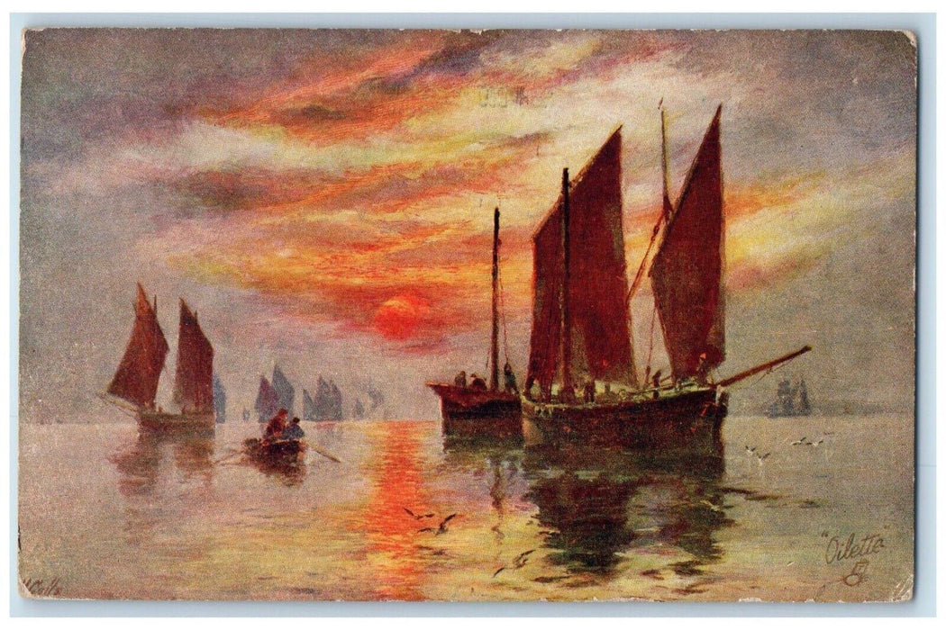 1920 Fleet of Sailboats Fishing Macks London Oilette Tuck Art Postcard