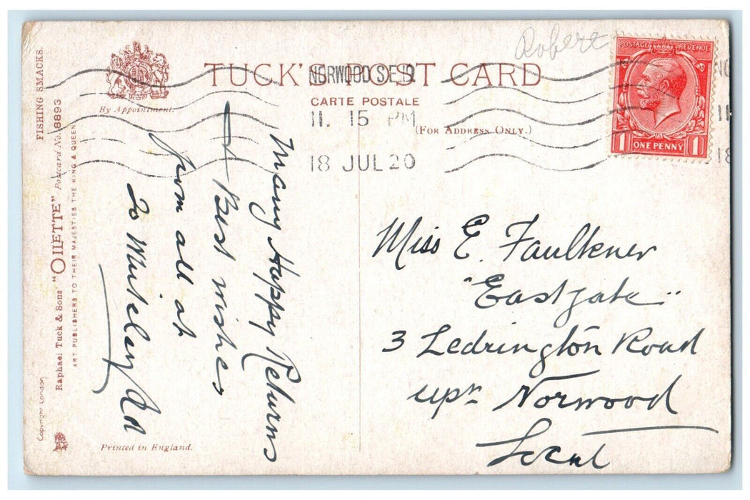 1920 Fleet of Sailboats Fishing Macks London Oilette Tuck Art Postcard