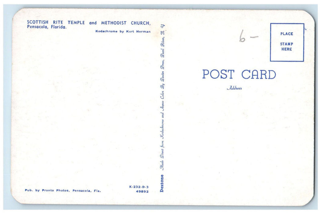 c1960's Scottish Rite Temple and Methodist Church Pensacola Florida FL Postcard