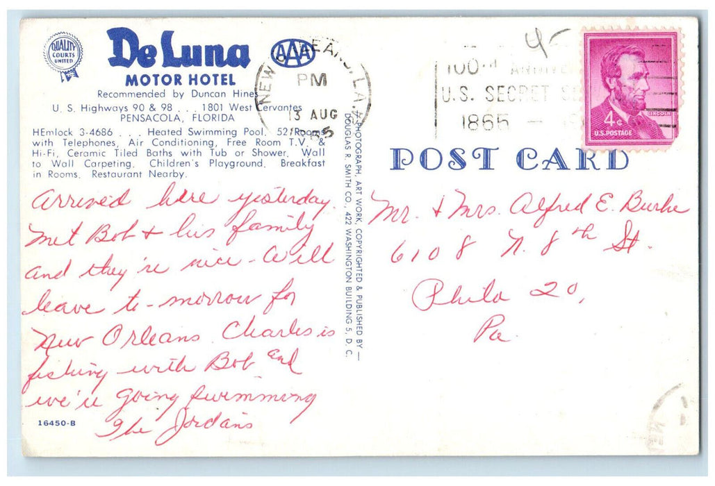 1955 Multiview, De Luna Motor Hotel Pensacola Florida FL Cancel Postcard