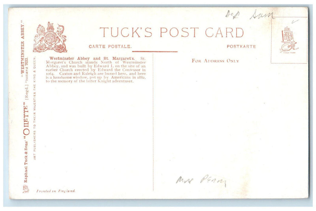 c1910 Westminister Abbey St. Margaret's Church London Oilette Tuck Art Postcard