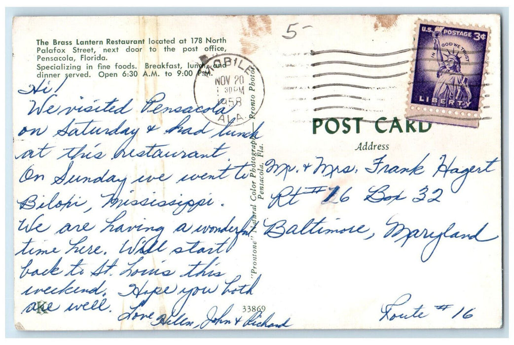 1958 Dining Area at The Brass Lantern Restaurant, Pensacola Florida FL Postcard