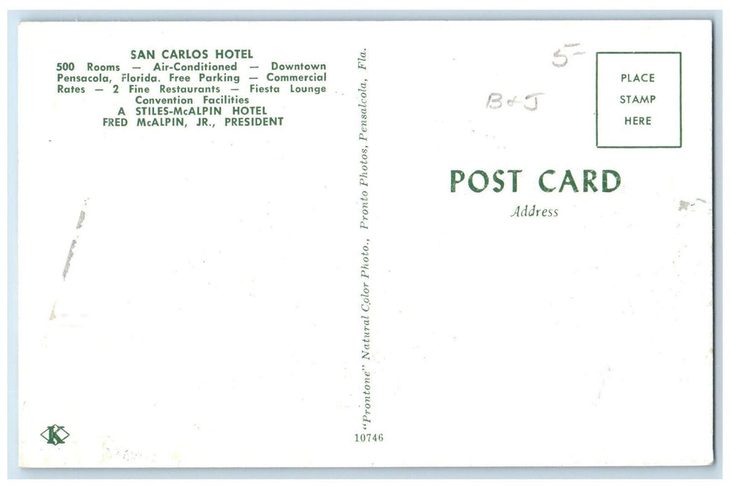 c1950's Front View, Hotel San Carlos, Pensacola Florida FL Unposted Postcard