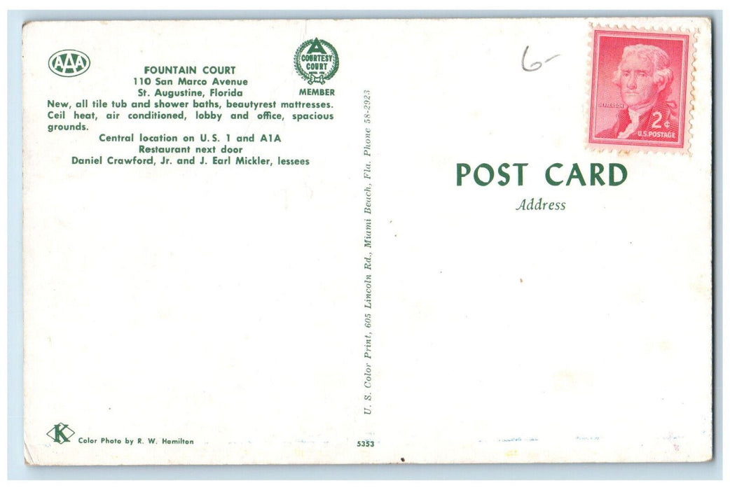 c1950's Fountain Court San Marco Ave. St. Augustine Florida FL Postcard