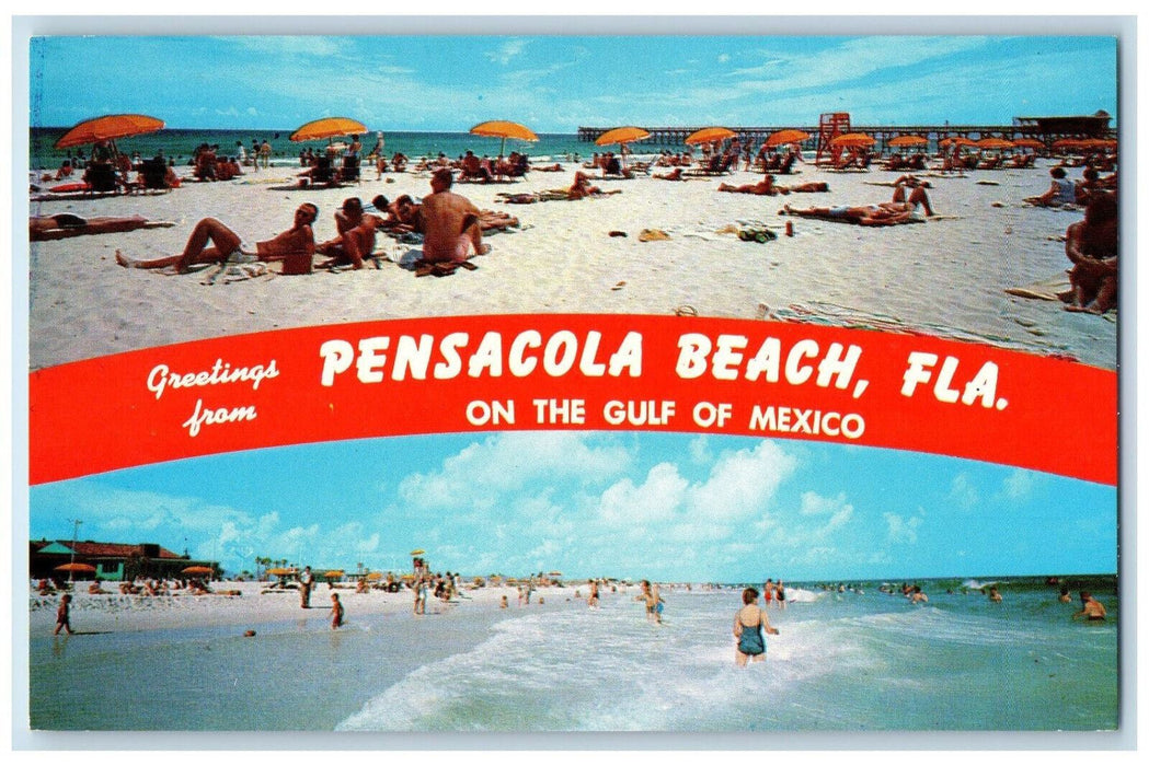 c1960's Sun Bathing, Swimming, Greetings from Pensacola Beach FL Postcard
