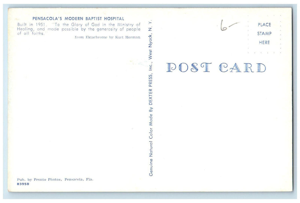 c1950's Pensacola's Modern Baptist Hospital Unposted Florida FL Postcard