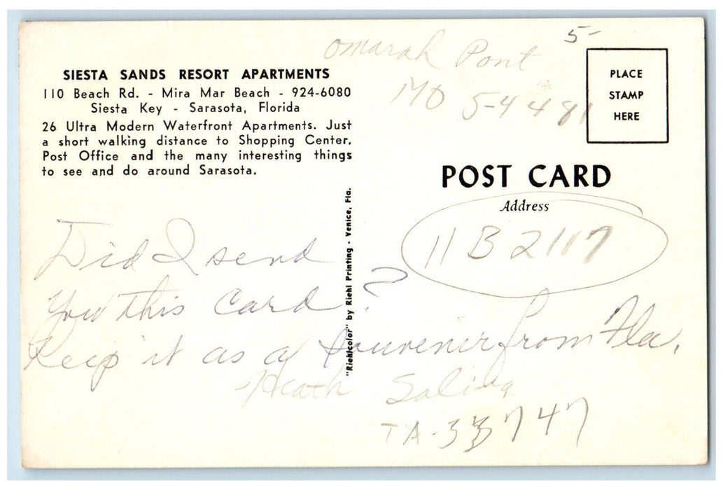 c1950's Siesta Sands Resort Apartments Siesta Key Sarasota FL Postcard
