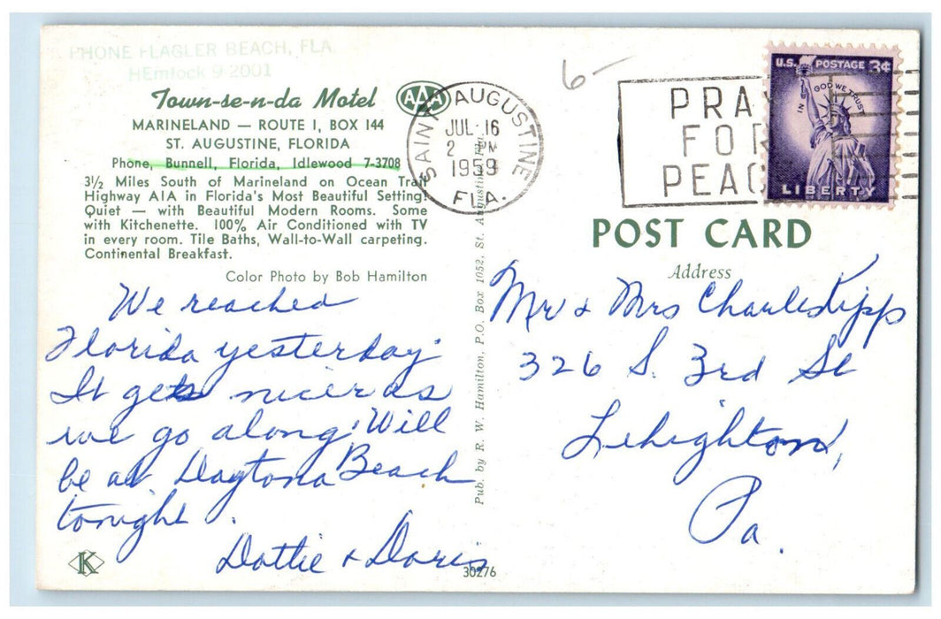 1959 Town-se-n-da Motel Marineland St. Augustine Florida FL Posted Postcard