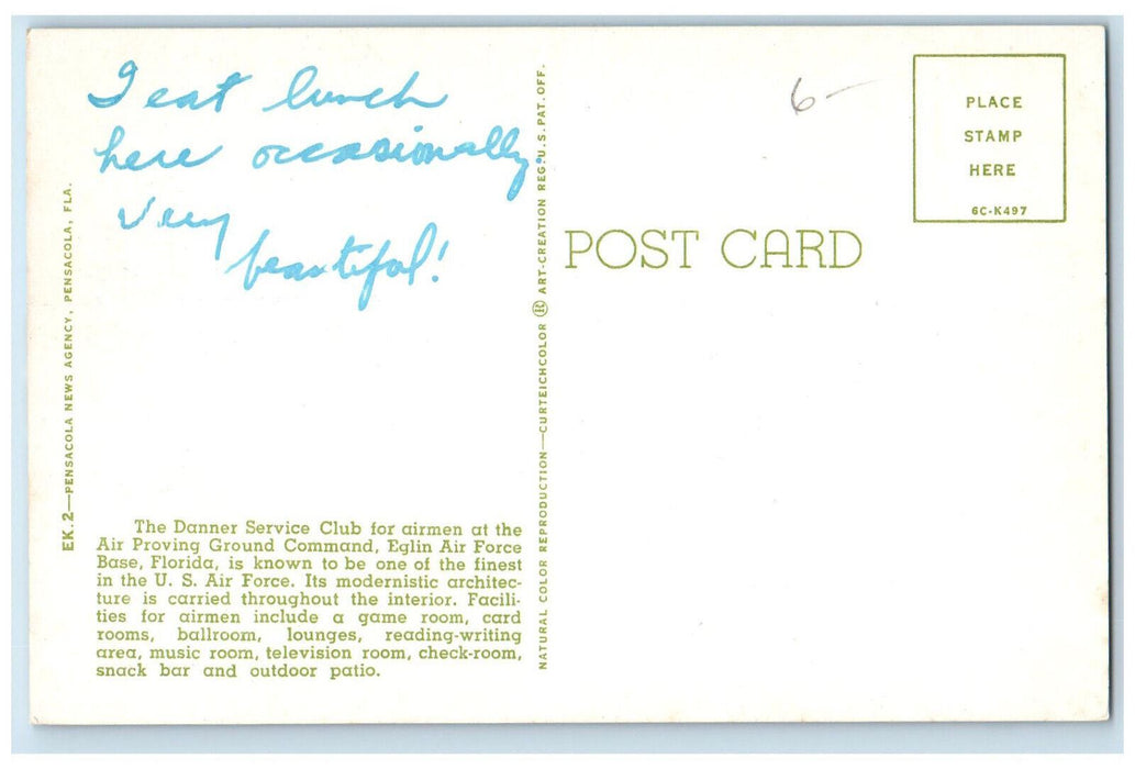 c1960's The Danner Service Club Eglin Air Force Base Florida FL Postcard