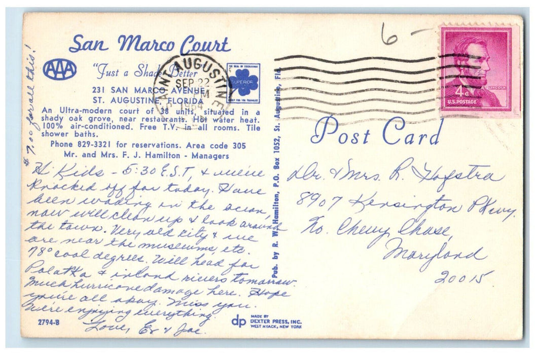1964 Pool and Entrance San Marco Court, St. Augustine Florida FL Postcard
