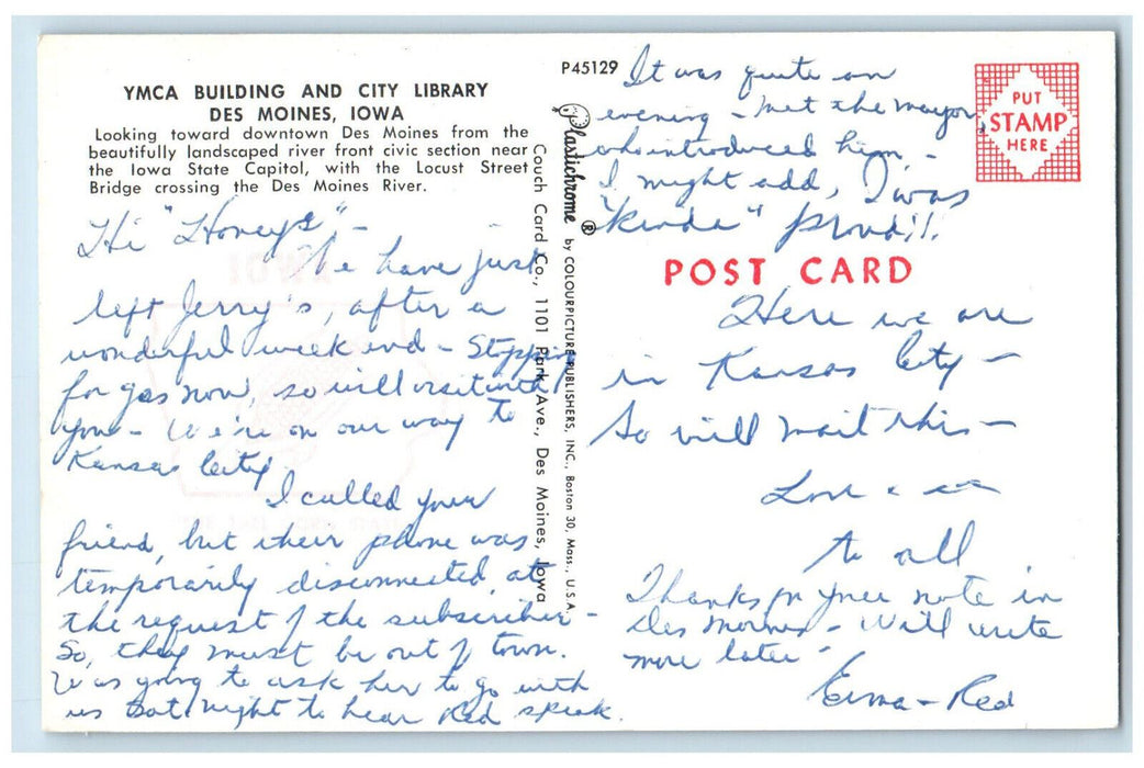 c1960's YMCA Building and City Library Des Moines Iowa IA Vintage Postcard