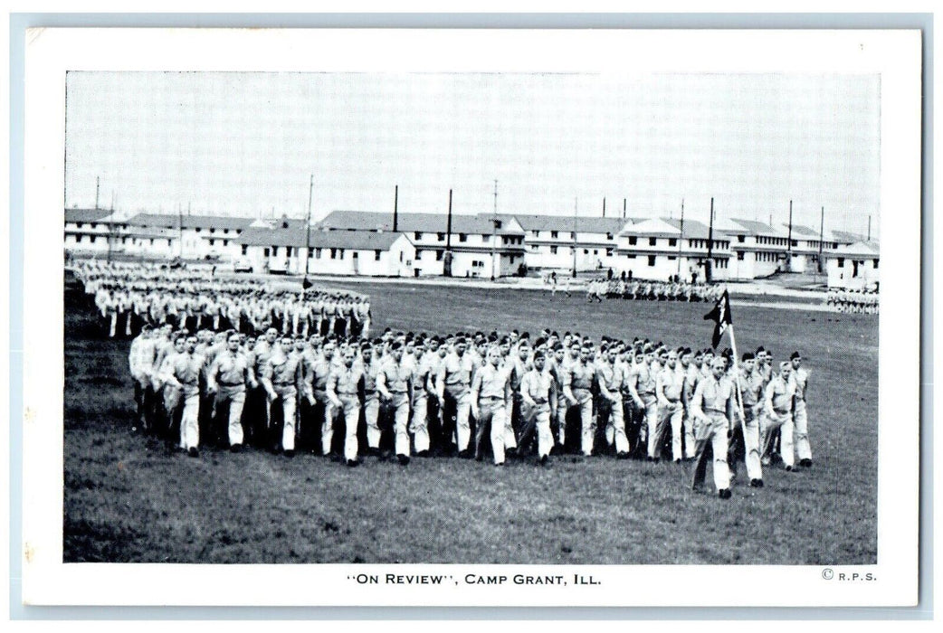 c1920 On Review Battalion Trainees Soldier Parade Camp Grant Illinois Postcard