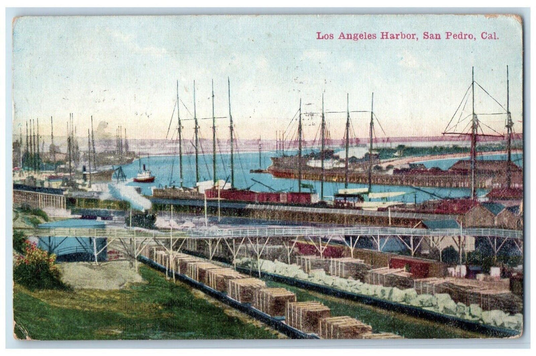 1910 Los Angeles Harbor Steamer Ship Dock Shipyard San Pedro California Postcard