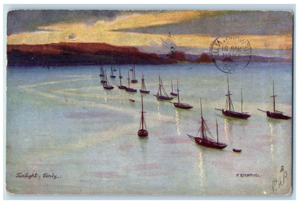 1906 Fleet of Sailship Twilight Tenby Newark NJ Oilette Tuck Art Postcard