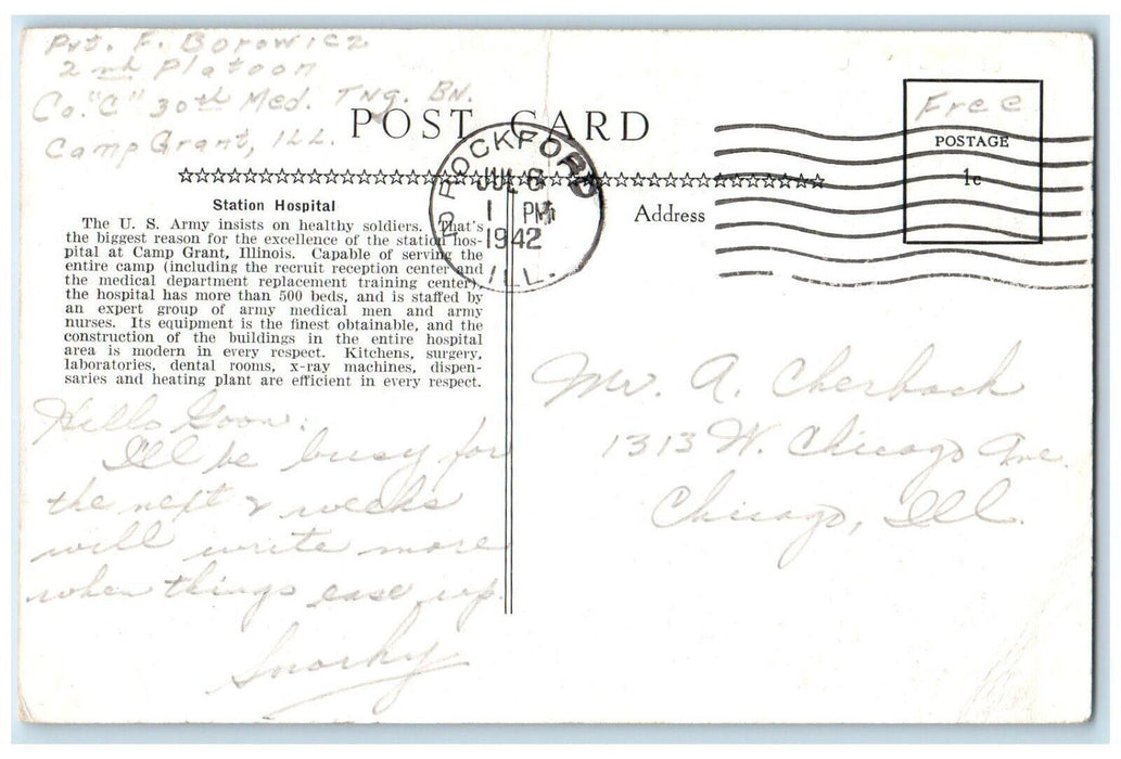 1942 Station Hospital US Army Soldiers Laboratory Camp Grant Illinois Postcard