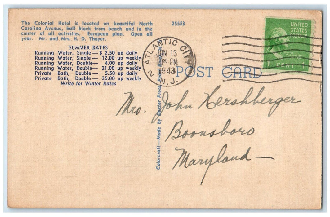 1943 Colonial Hotel Restaurant View Atlantic City NJ Advertisement Postcard