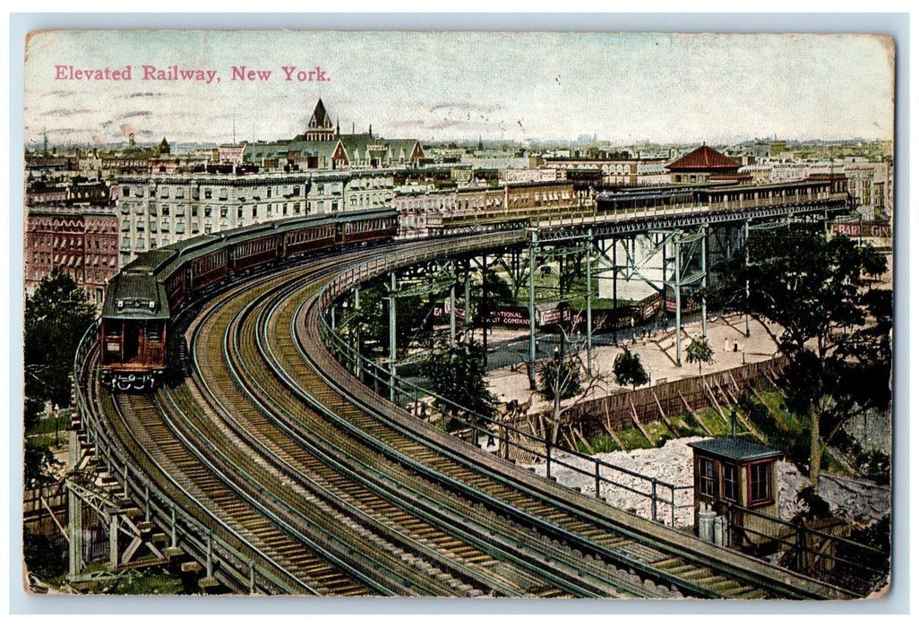 1911 Elevated Railway View Train Railroad Building People New York NY Postcard