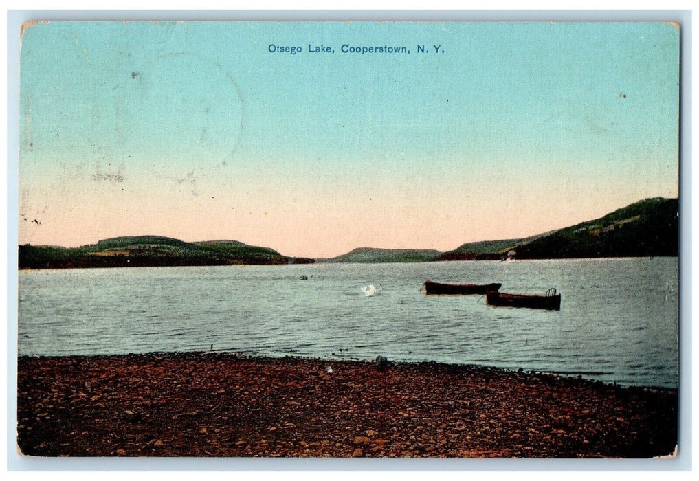 1910 Otsego Lake Paddle Boat Beach Mountain Canoe Cooperstown New York Postcard